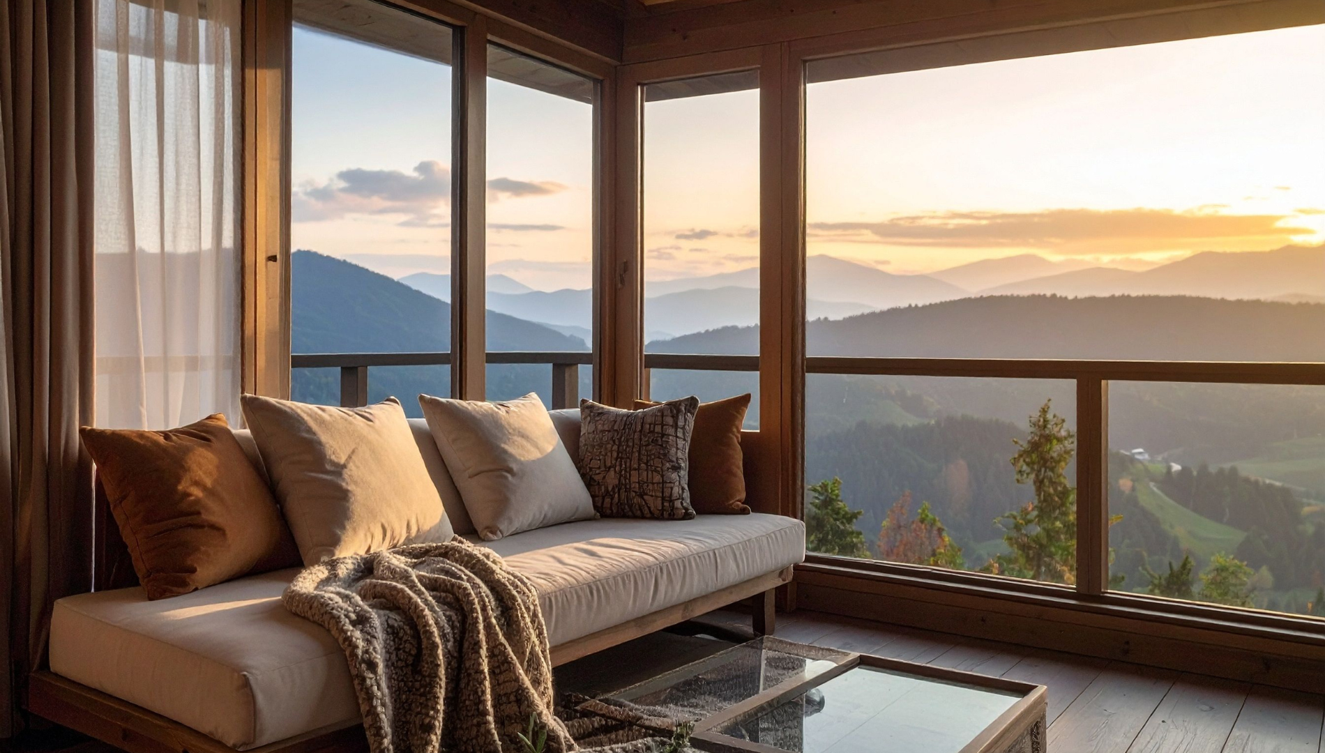 Mountain home interior with panoramic Blue Ridge views at sunset